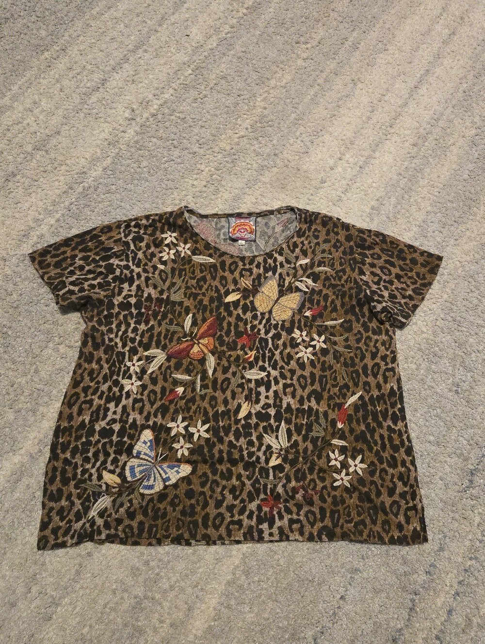 Johnny Was Penelope Leopard Embroidered Butterfly Cotton Tee Top Shirt XL